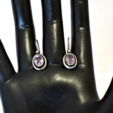 Classic 60's sterling amethysts shadow box dangles, lovely mid-century 1.25 carat faceted purple gemstone oxidized 925 silver bling earrings 