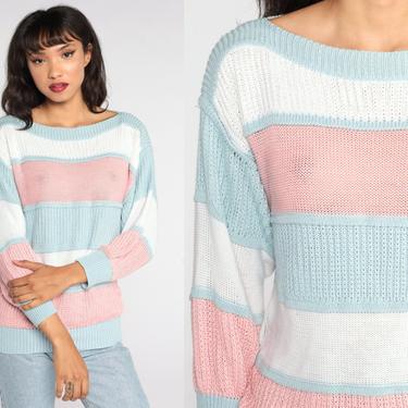 Striped Sweater Pastel Sweater 80s Acrylic Knit Baby Blue Pink BOAT NECK Sweater Slouchy Pullover Boatneck 1980s Vintage White Medium 