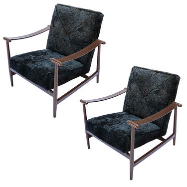 Custom Walnut Mid-Century Style Armchairs in Black Sheepskin