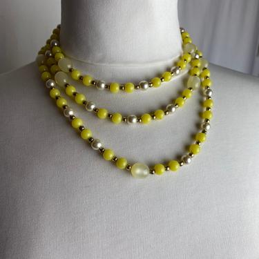 Vintage 60’s yellow & white pearly long beaded necklace~ groovy Mod Pop of color~ plastic retro necklace~ long length~ 1960s costuming 