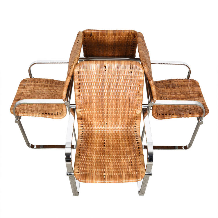 Set of 4 Milo Baughman Style Chrome & Rattan Chairs