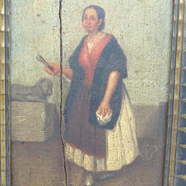 Antique 1830  Spanish Original Oil Painting on Wood of Woman with Dog, Original Frame, Spain 