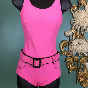 1960s swimsuit, mod one piece, vintage bathing suit, pink swimsuit, belted swimsuit, xx small, 1960s bathing suit, vintage maillot, 23 waist 