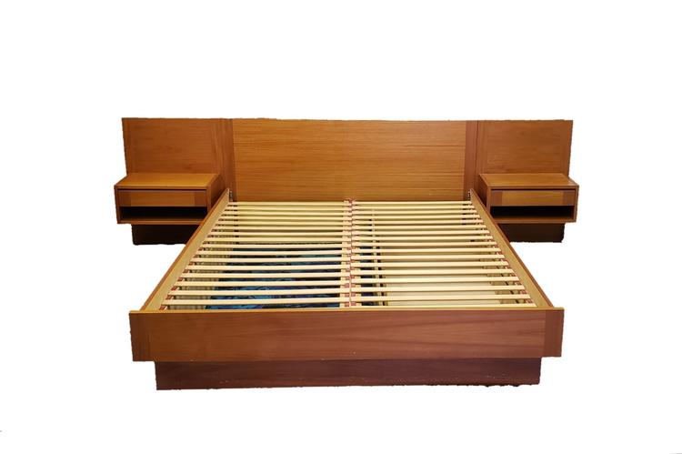 Danish Modern Teak Queen Bed with Floating Nightstands