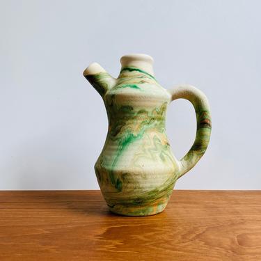 Vintage Nemadji pottery pitcher / green marbled ceramic vessel / unique boho vase with handle and spout 