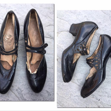 antique 1920s Mary Janes- authentic '20s flapper shoes / black leather flapper shoes, Edwardian shoes / 1910s - 20s mary jane heels 