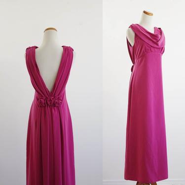 Vintage Pink Bridesmaid Dress, Draped Dress, Rosette Dress, Long Bridesmaid Dress, Formal Gown, Backless Dress, 80s Formal, Medium 