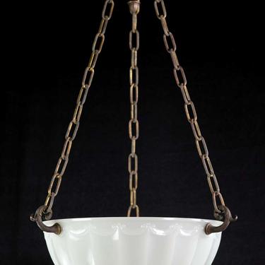 1900s Cast Milk Glass Brass Chain Dish Pendant Light