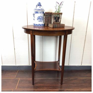 Antique George III style mahogany side table, inlaid, oval 