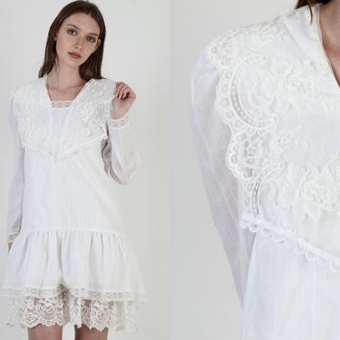 80s All White Gunne Sax Dress / 1980s Romantic Floral Lace Dress / Bridal Tea Party Lawn Drop Waist Dress 