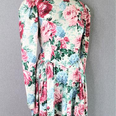 1980's - 1990's - Cotton Chintz - Cottagecore - Puff Sleeve - Tea Dress - Estimated size 12 