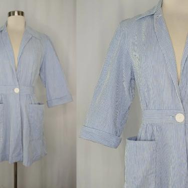 Vintage Seventies XS Seersucker Junior Miss of California Jacket - 70s XS Blue White Stripe Uniform Half Sleeve Coat 