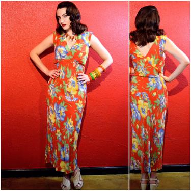 1940s Rayon Hawaiian Dress Bias Cut Tropical Print Medium Large 