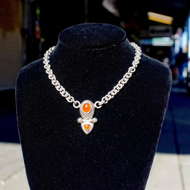 Vintage Sterling Silver &amp; Orange Stone Pendant Choker Necklace, Chunky Silver Chain Necklace, Hinged Silver Pendant With Orange Glass, 925 