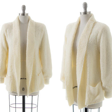 Vintage 1980s Cardigan | 80s Bouclé Knit Cream Acrylic Cozy Open Sweater (small/medium/large) 