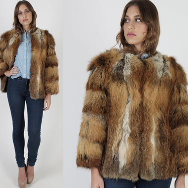 Red Orange Fox Fur Coat / Vintage 80s Swirl Sleeve Fox Jacket / Leather Side Panel Sleeves / Womens Colorful Winter Coat 