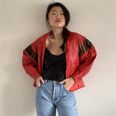 80s red leather cropped bomber jacket / vintage red leather animal tiger print ponyhair cropped double breasted moto motorcycle jacket | S M 