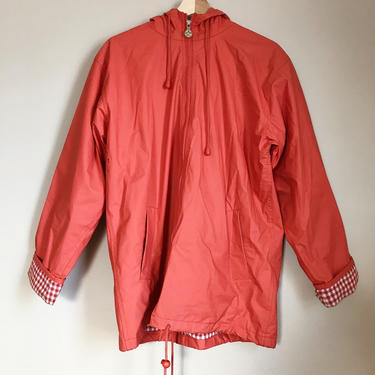 80s Red Vinyl Gingham Lined Raincoat By Misty Harbor | Small/Medium 