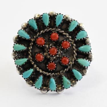 60's sterling turquoise coral size 6.25 Southwestern flower ring, traditional 925 silver blue & red stone tribal ring 