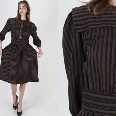 Black Pin Stripe Dress Vintage 80s Cocoa Striped Dress / Retro Inspired Belted Waist / Vertical Lined Structured Pockets Full Skirt Mini 