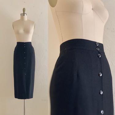 vintage 80's fouche black wool pencil skirt // black length skirt 
