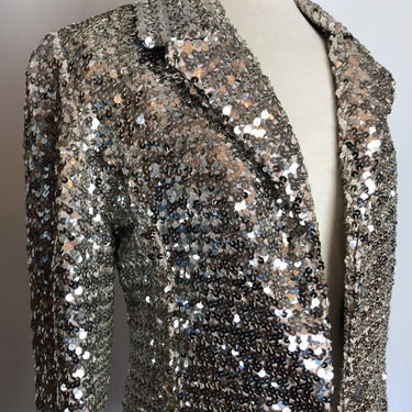 70’s Silver Sequin Blazer~ super glam~ Las Vegas style~ embellished shiny reflective fitted jacket~ women’s Bling 1970’s size M/LG 