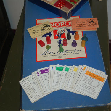 Parker Brothers 1946 Monopoly # 7 Blue Game Box &amp; Matching Game Board w/ Wood Houses, Hotels, Properties, Directions / A Parker Trading Game 