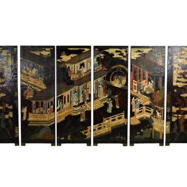 Vintage Chinese Six Panel Coromandel Wall Hanging Hand Painted Court Scenes 
