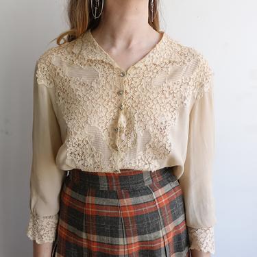 Vintage 40s Ivory Silk and Lace Blouse/1940s Lace Appliqu Rhinestone Button Up Top/ size Large 