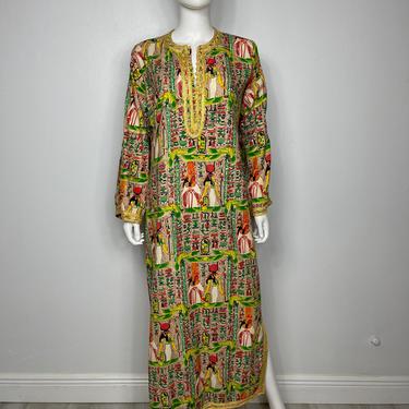 Vtg 70s colorful Egyptian print maxi dress caftan embroidered 