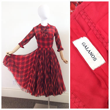 50s Red Plaid Silk Chiffon GALANOS Dress / 1950s Vintage Party Dress / Small / Size 4 