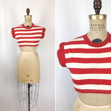 Vintage 70s T-shirt | Vintage red white striped top | 1970s stripe midriff top 