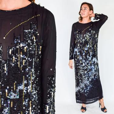 1980s Black Sequin Evening Dress | 80s Black Silk Beaded Gown | Skyline Black Sequin Dress | Tadashi | Medium 