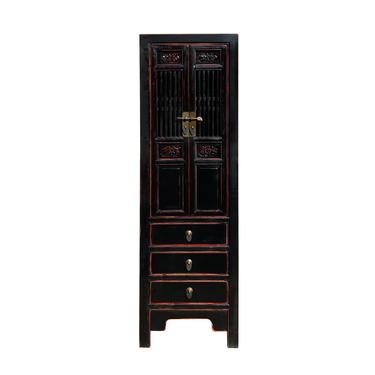 Distressed Black Narrow Wood Carving Shutter Doors Storage Cabinet cs7143E 