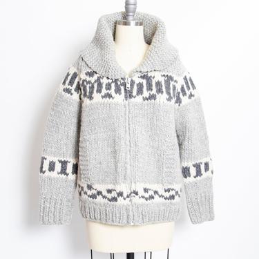Vintage 1960s Sweater Cowichan Zip Cardigan Grey Wool Knit Large L 