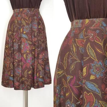Pleated Brown Floral Skirt, Small / Multi Color Floral Vintage Wool Skirt / 1980s Chalk Board Flowers Novelty Print Day Skirt with Pockets 