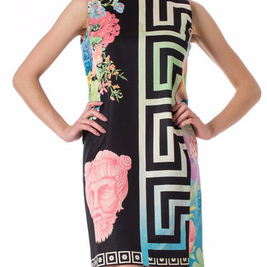 1990S GIANNI VERSACE Pastel &amp; Black Wool Blend Sateen Tropical Floral Dress With Classical Greek Designs 