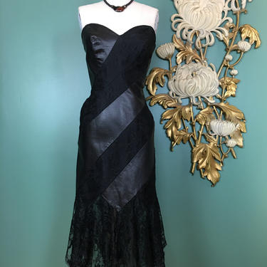 1980s strapless dress, leather and lace, vintage 80s dress, climax Karen okado, size small, hourglass, black leather dress, sexy cocktail 