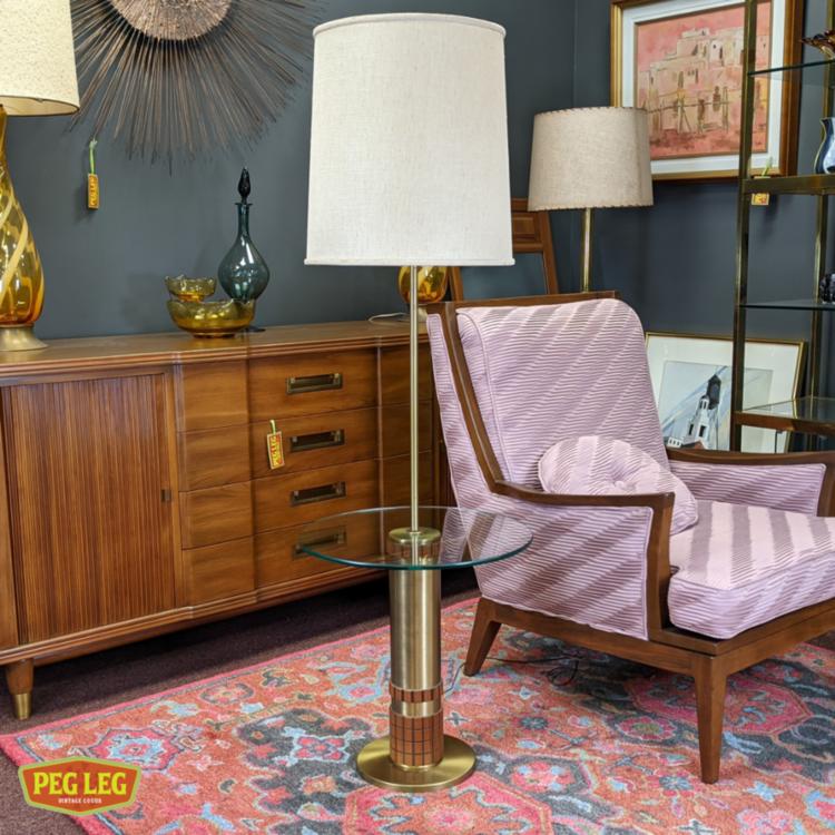 Mid-Century Modern brass and walnut floor lamp with glass tray table