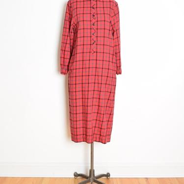 vintage 90s dress Lands End red plaid long maxi shirt dress cotton wool M clothing 