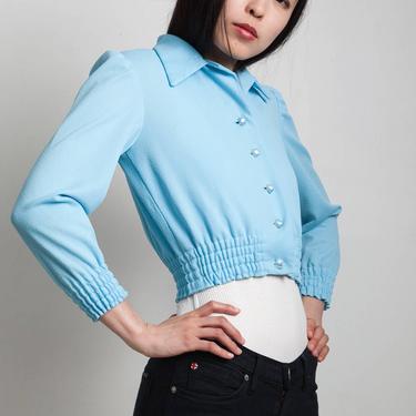 vintage 60s blue jacket top crop blouse long sleeved button down EXTRA SMALL / Small XS S 