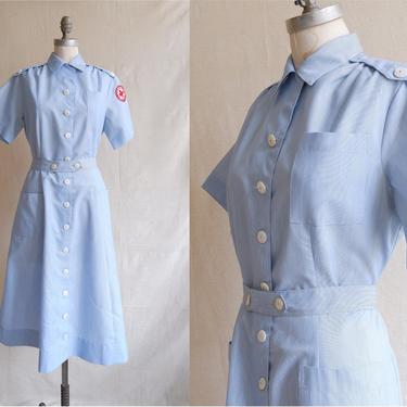 Vintage 50s Red Cross Uniform Dress/ 1950s 60s Blue Short Sleeve Button Up Medical Nurse / Size Large 