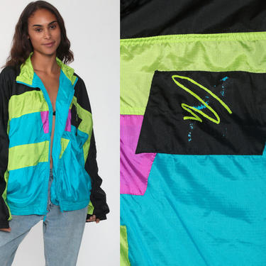 PUMA Windbreaker Jacket -- 90s Turquoise Color Block Print Black 80s Streetwear Warmup Track Suit Top Vintage Sportswear Extra Large xl l 