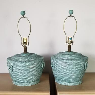 Pair of Vintage Rattan Ginger Jar Shaped Table Lamps 