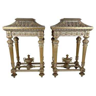 Pair of Neoclassical Painted and Gilded Pedestals or Plant Stands