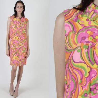 60s Psychedelic Dress / Neon Abstract Op Art Dress / 1960s Bright Pink Neon Dress / Twiggy Summer Scooter Mini Dress 