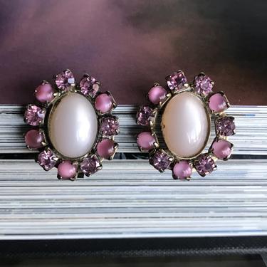 Pink Bead and Rhinestone Clip Earrings