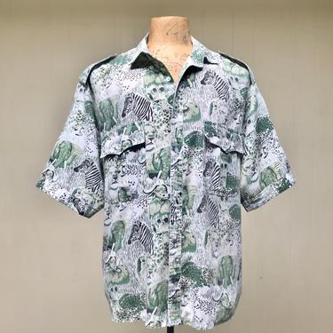 Vintage 1980s Safari Shirt, Cotton African Animal Print Short Sleeves w/Epaulets Patch Pockets, Made in Kenya, X-Large 50&quot; Chest 