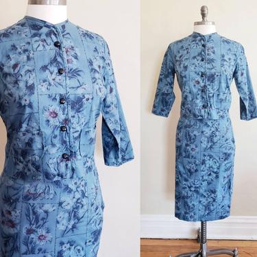 1950s Blue Floral Print Skirt Suit / 50s Cotton Print Fitted Blazer Matching Pencil Skirt Office Secretary / S / Leah 