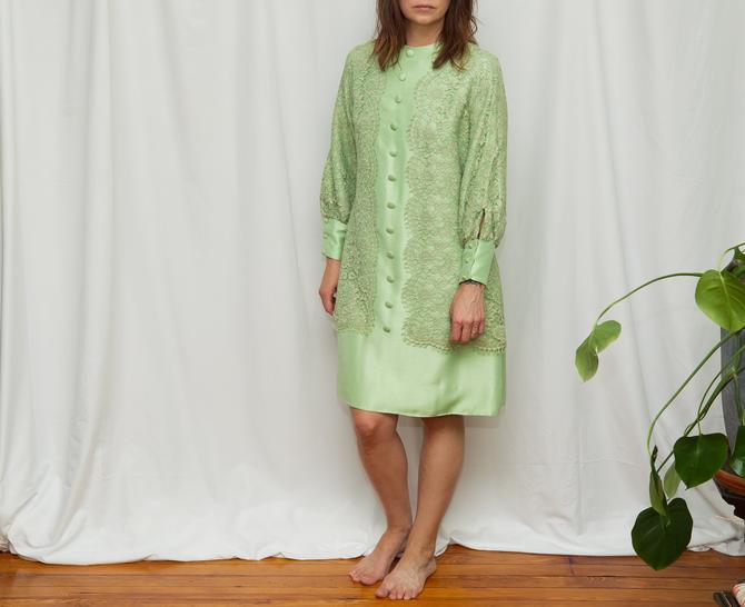 Size M/L, 1960s Handmade Lace Mint Green Mod Party Dress 
